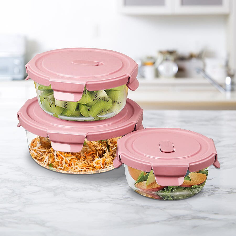 Set of 3 Glass Preservation Round Shape Box Size:13.5x6cm, 15x6.5cm, 17.5x7.3cm) - Pink