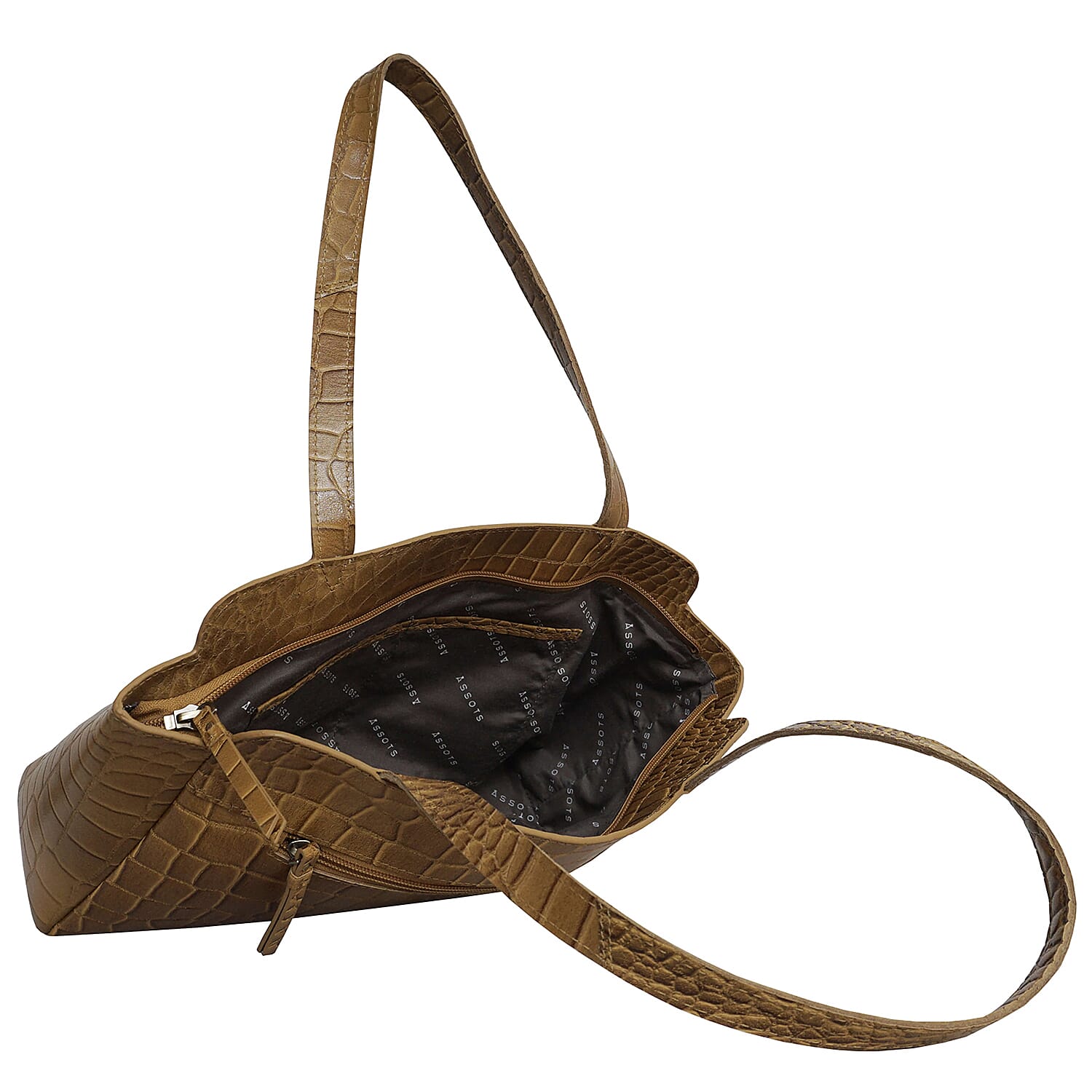 ASSOTS LONDON Judith Genuine Croc Leather Fully Lined Shoulder Bag (Size 32x7x23cm) - Black