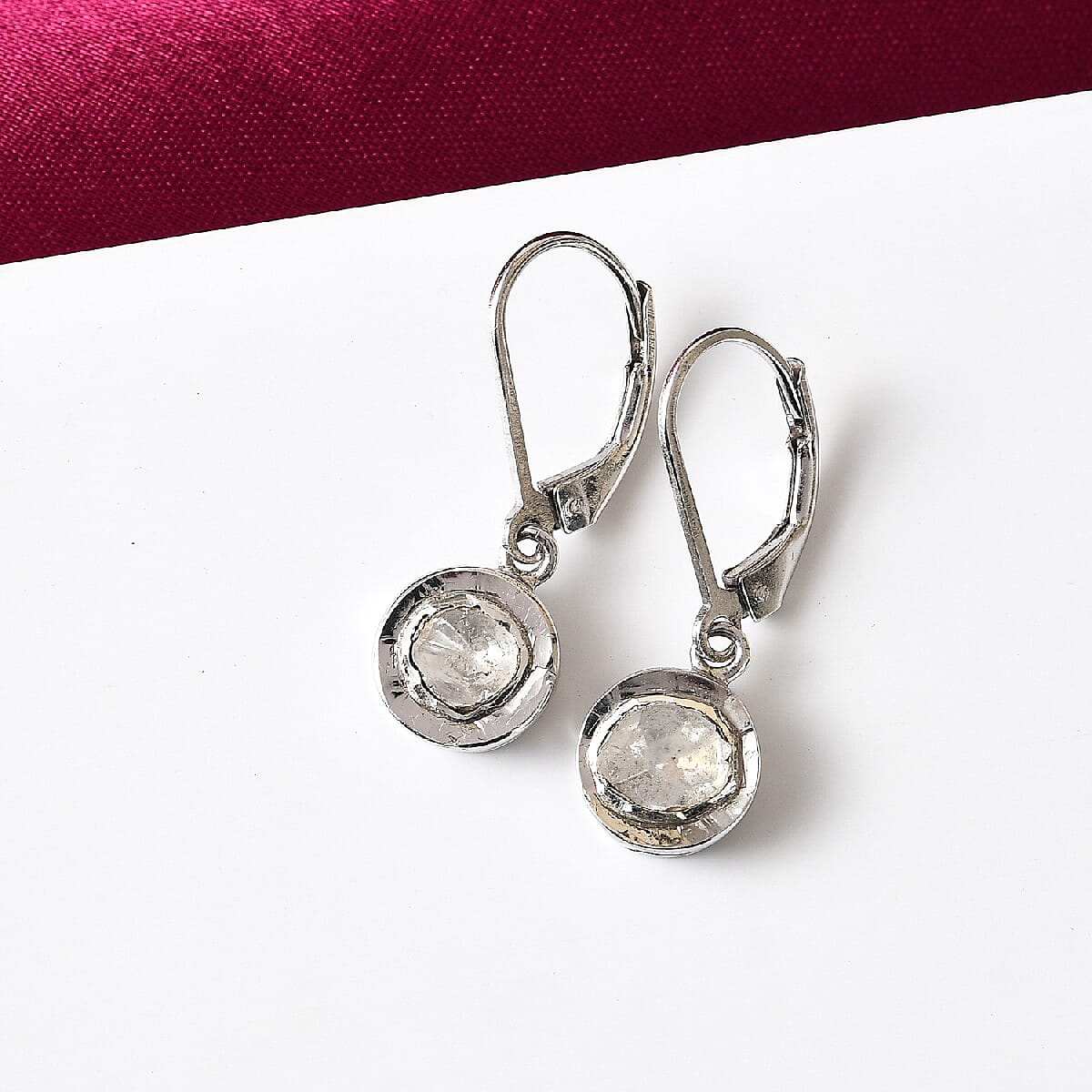 Artisan Crafted Polki Diamond Lever Back Dangle  Earrings in Platinum Overlay Sterling Silver 0.50 Ct.