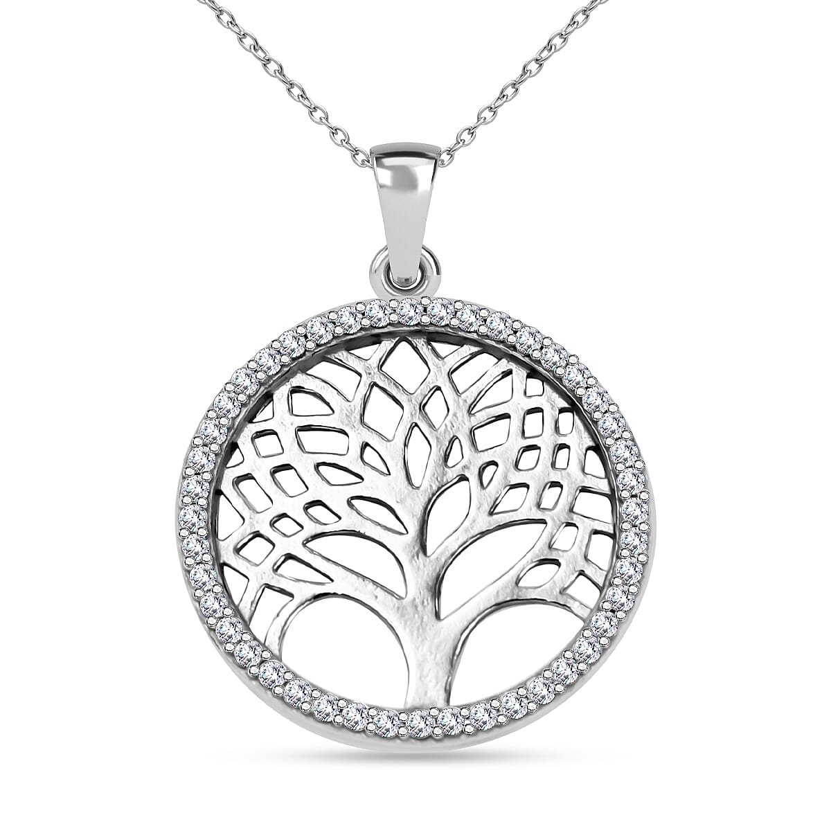 New York Close Out Sterling Silver Simulated Diamond Spritz  Tree-of-Life Pendant with Chain (Size 18)