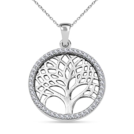 New York Close Out Sterling Silver Simulated Diamond Spritz  Tree-of-Life Pendant with Chain (Size 18)