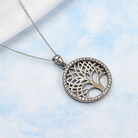 New York Close Out Sterling Silver Simulated Diamond Spritz  Tree-of-Life Pendant with Chain (Size 18)