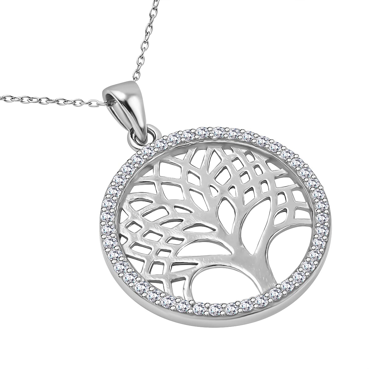 New York Close Out Sterling Silver Simulated Diamond Spritz  Tree-of-Life Pendant with Chain (Size 18)