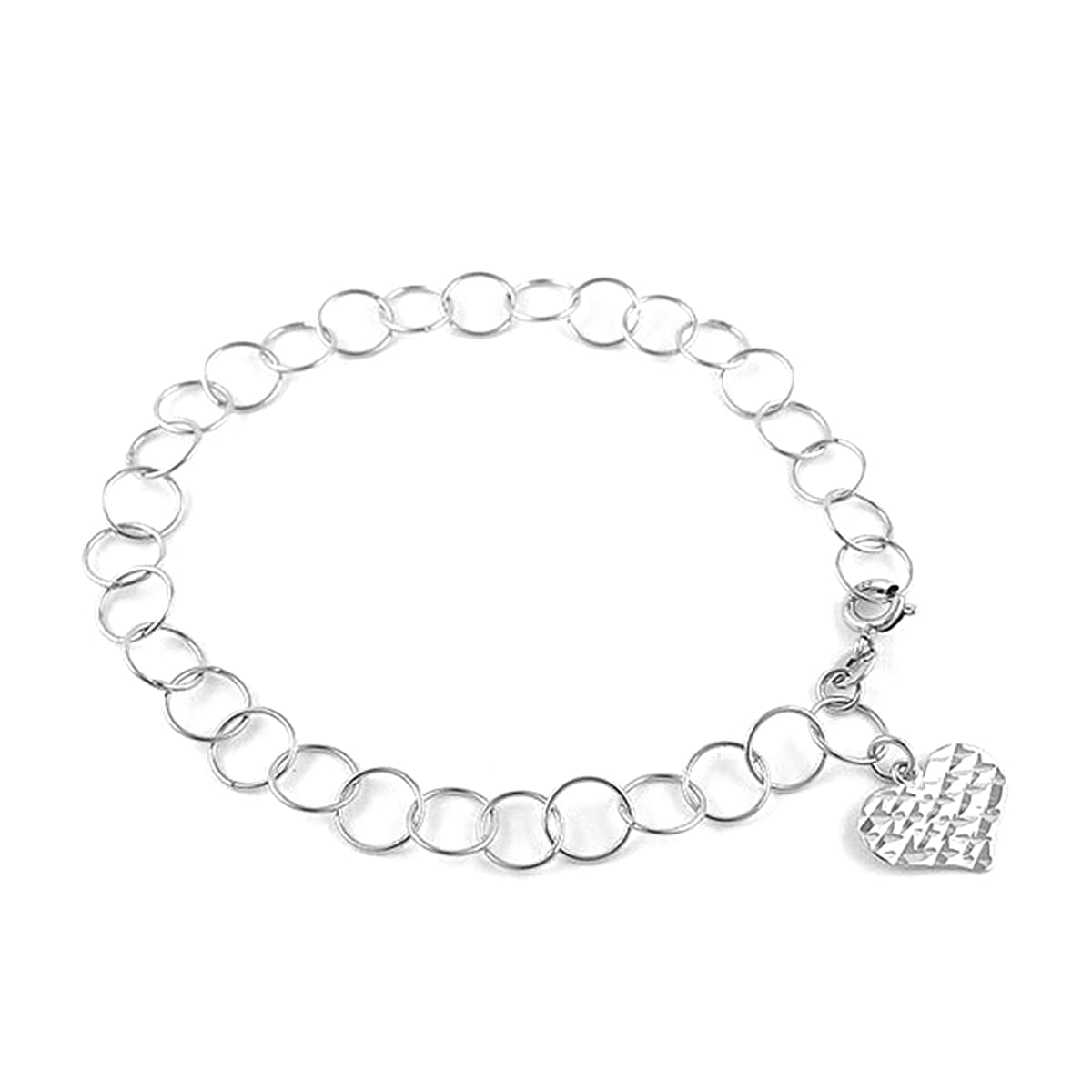 New York Close Out Sterling Silver Round Link Heart Charms Bracelet (Size 7.5) with Spring Ring Clasp.