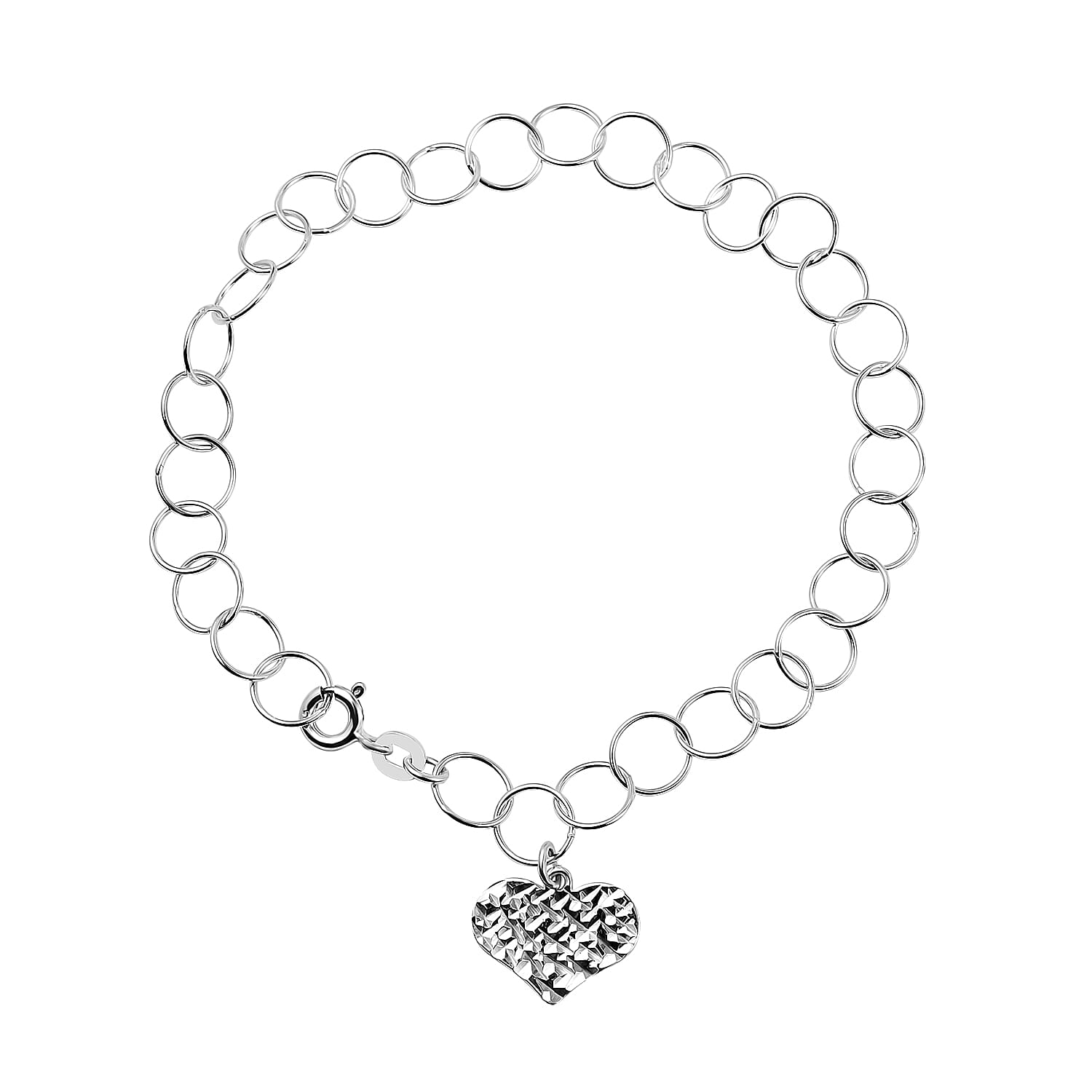 New York Close Out Sterling Silver Round Link Heart Charms Bracelet (Size 7.5) with Spring Ring Clasp.