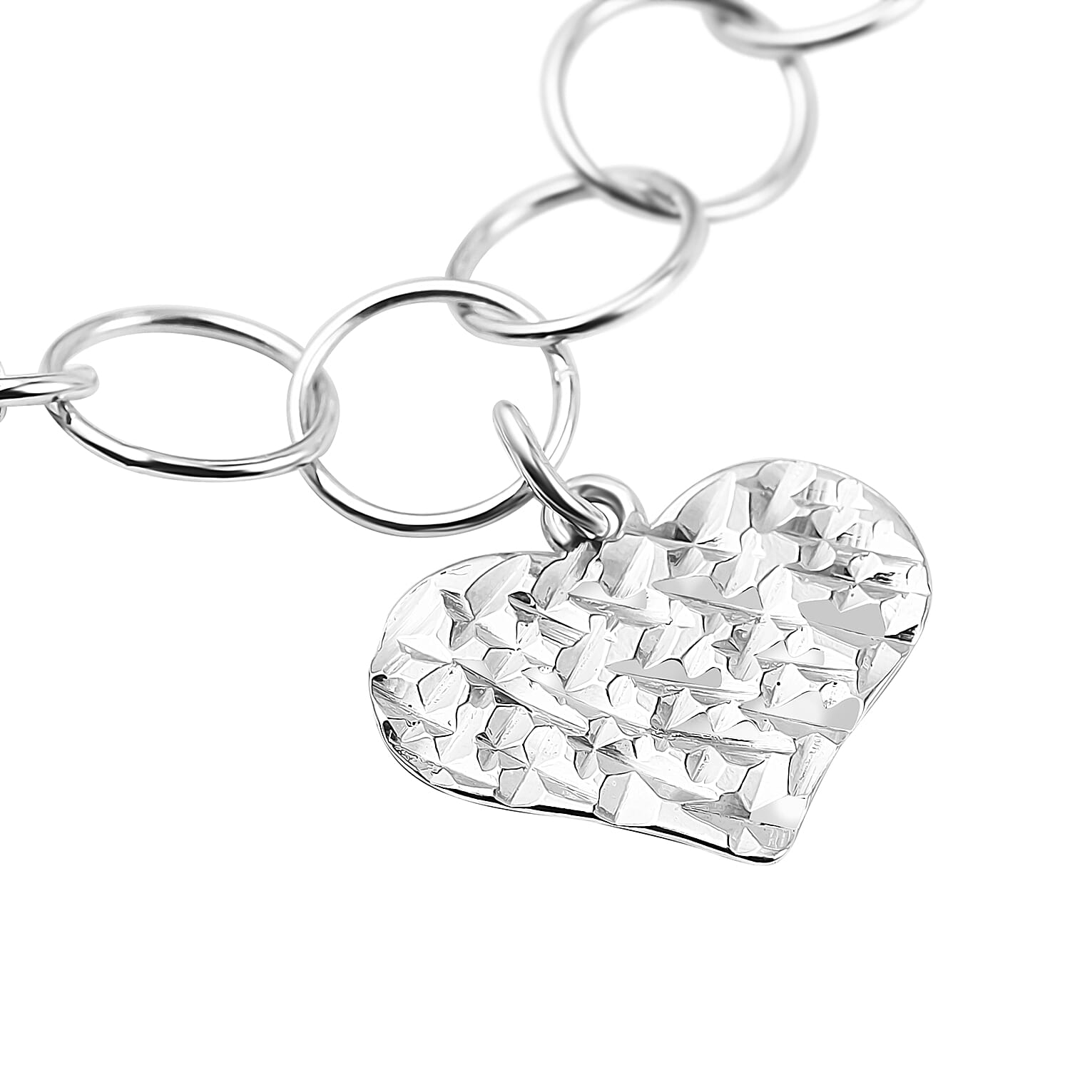 New York Close Out Sterling Silver Round Link Heart Charms Bracelet (Size 7.5) with Spring Ring Clasp.