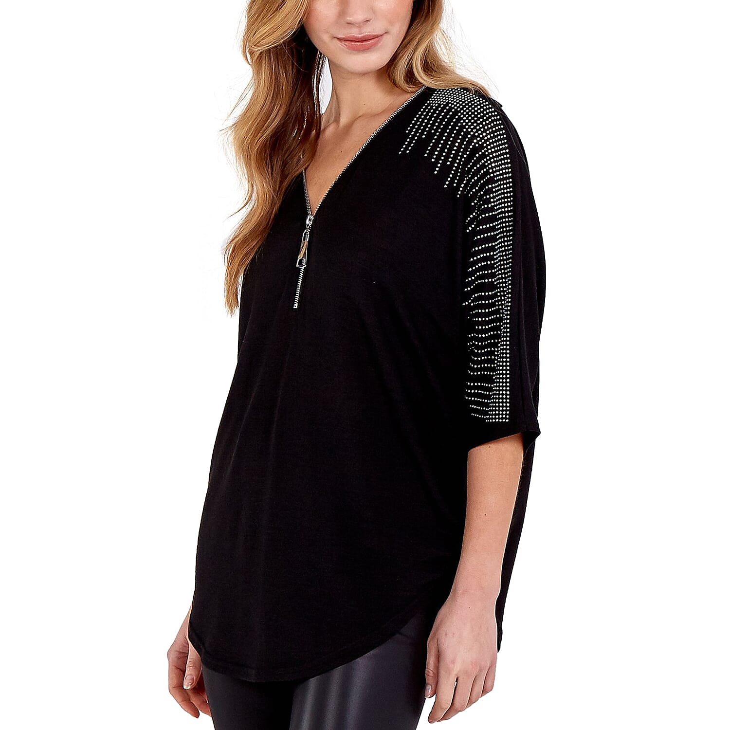Nova of London - Zip Front Diamante Loose Fitting Black Top (S/M, 10-14)