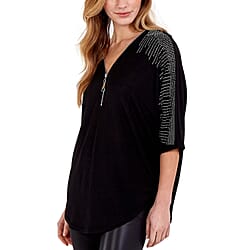 Nova of London - Zip Front Diamante Loose Fitting Black Top (S/M, 10-14)