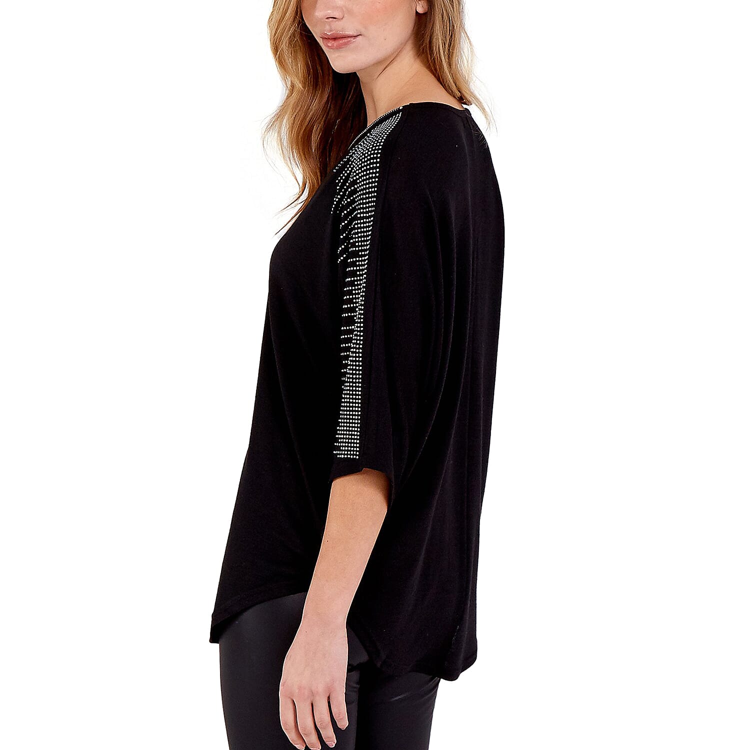 Nova of London - Zip Front Diamante Loose Fitting Black Top (S/M, 10-14)