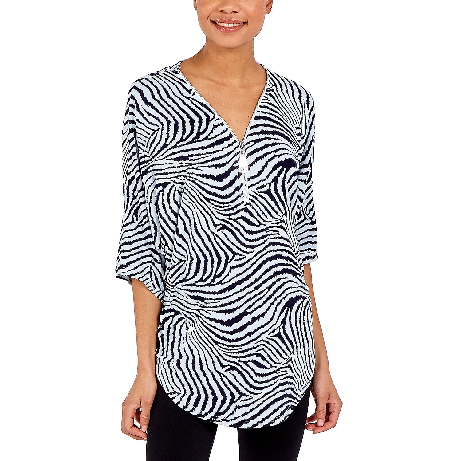 Nova of London - Cream and Black Leopard Print Front Zip Loose Fitting Top (Size S/M, 10-14)