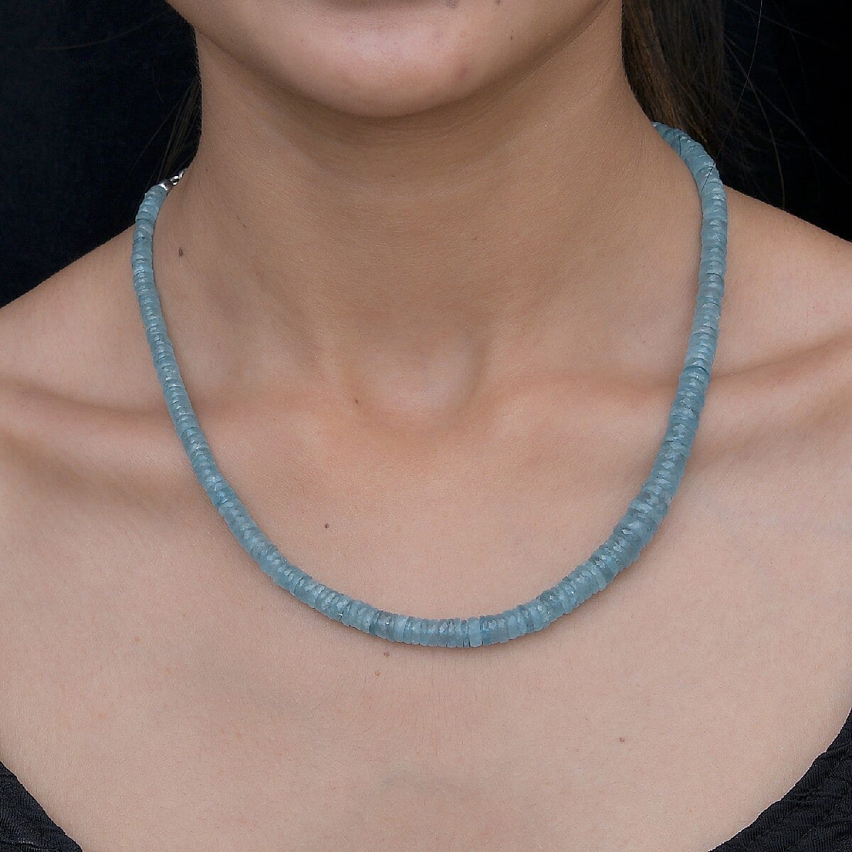 Aquamarine Beads Necklace (Size - 18) in Rhodium Overlay Sterling Silver 131.40 Ct.