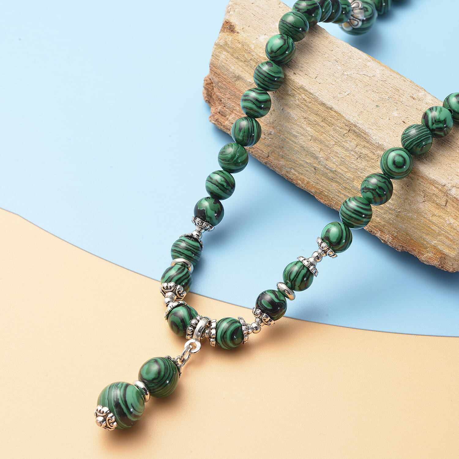 Created Malachite Beads Necklace (Size - 24) with Magnetic Lock in Silver Tone 265.00 Ct.