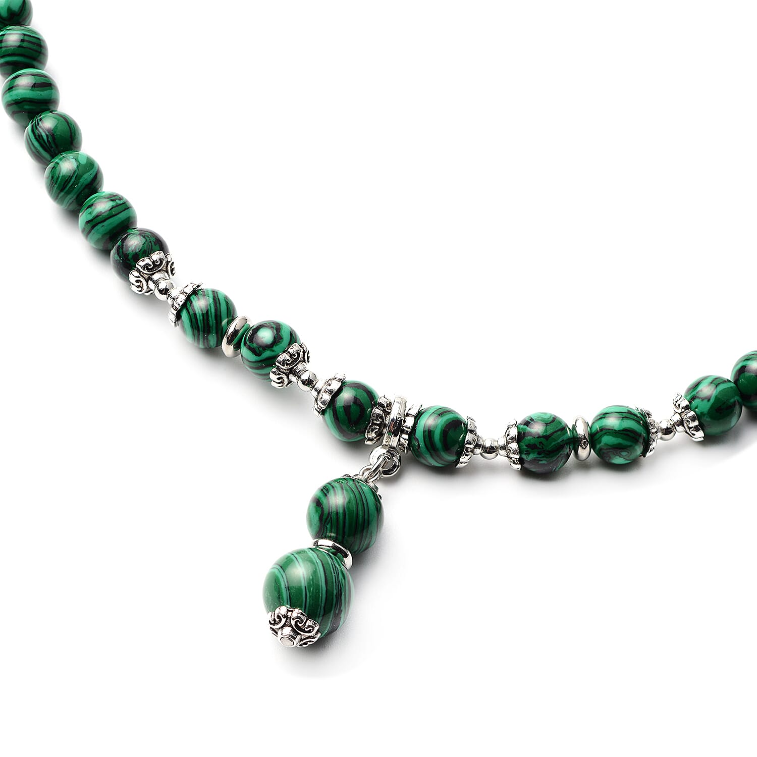 Created Malachite Beads Necklace (Size - 24) with Magnetic Lock in Silver Tone 265.00 Ct.
