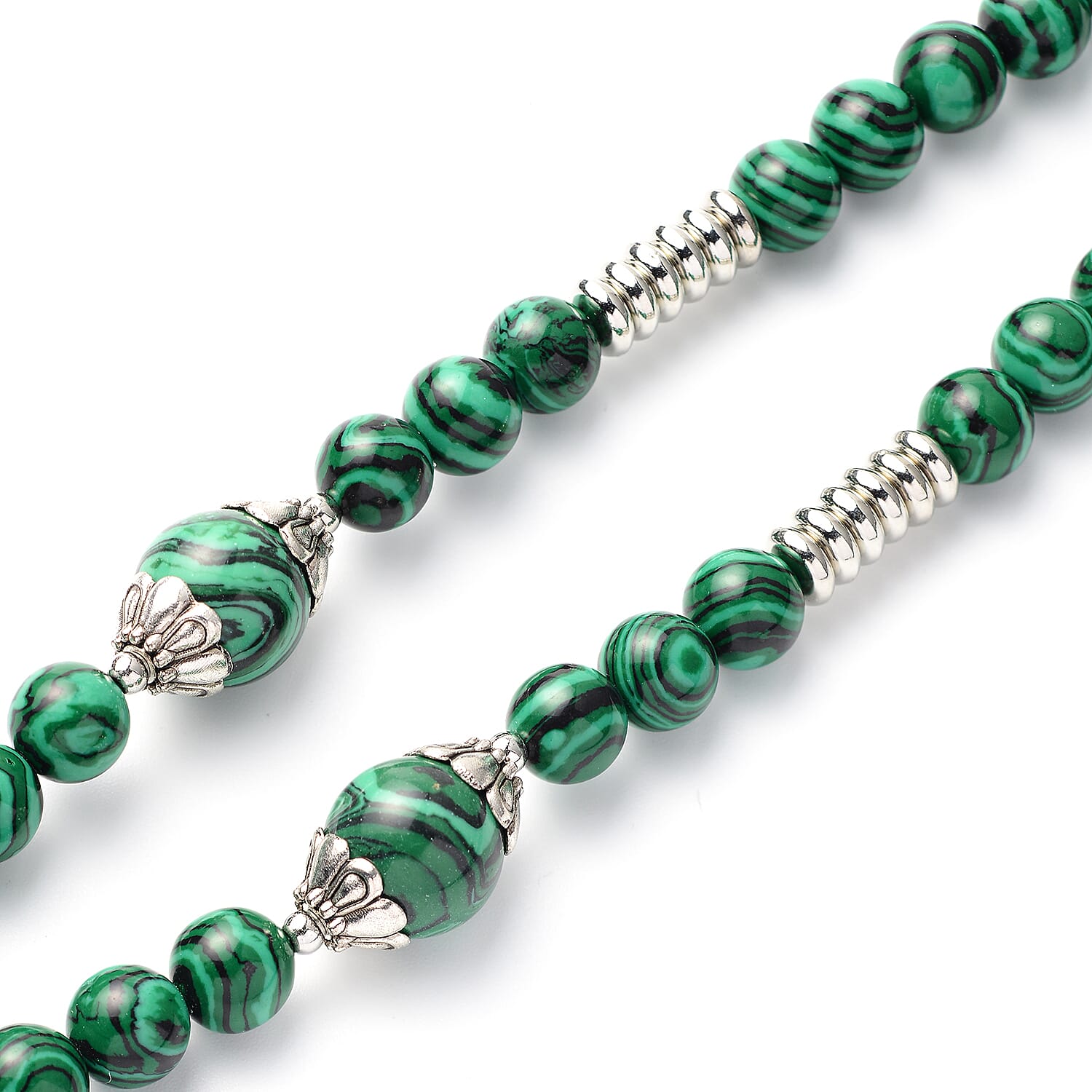 Created Malachite Beads Necklace (Size - 24) with Magnetic Lock in Silver Tone 265.00 Ct.