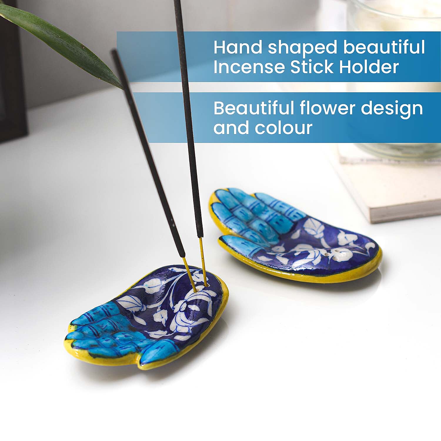 Jaipur Blue - Set of 2 - Handpainted Ceramic Incense Holder - Blue - White