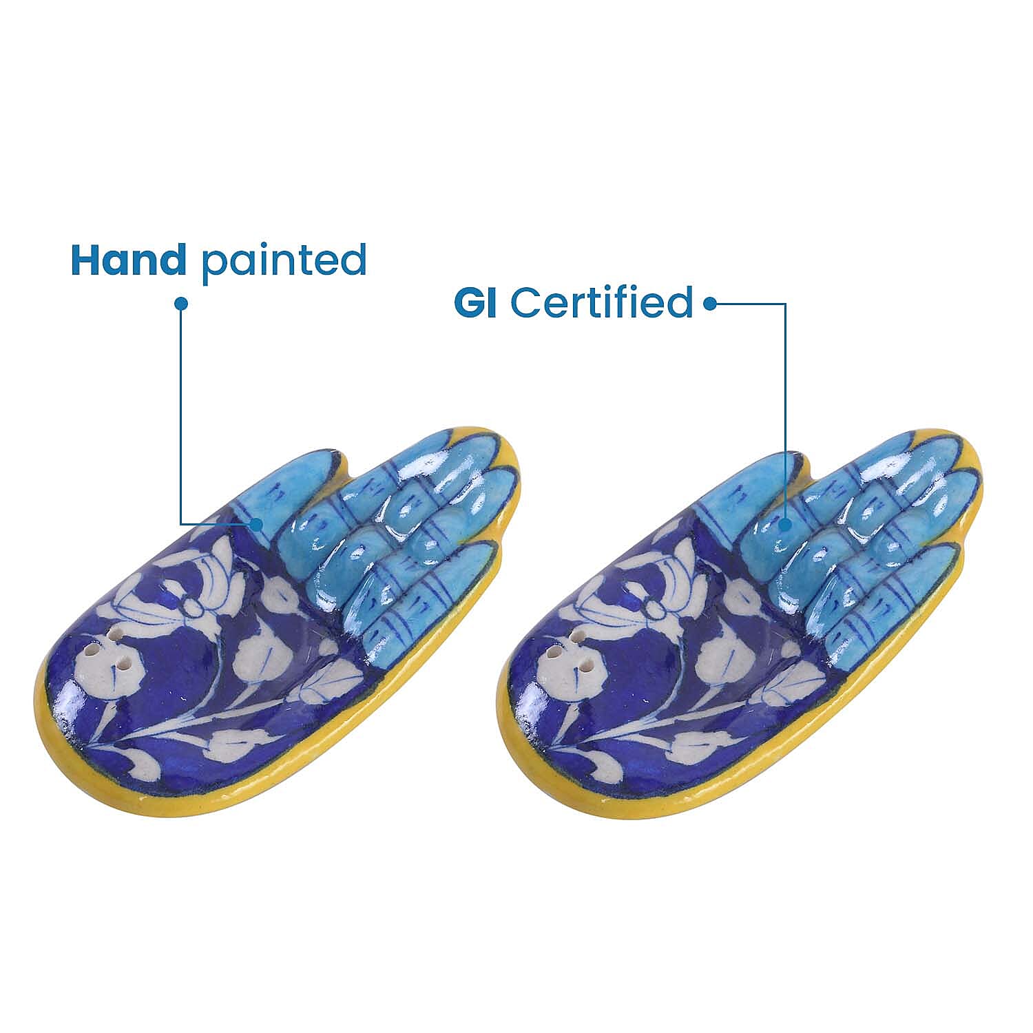 Jaipur Blue - Set of 2 - Handpainted Ceramic Incense Holder - Blue - White