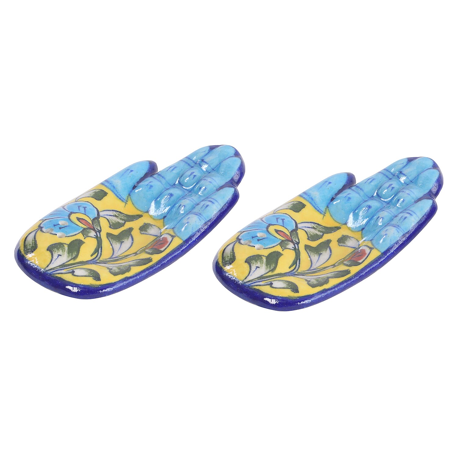 Jaipur Blue - Set of 2 - Handpainted Ceramic Incense Holder - Blue - Yellow