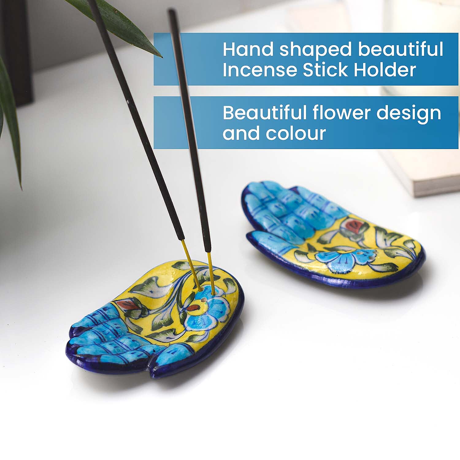 Jaipur Blue - Set of 2 - Handpainted Ceramic Incense Holder - Blue - Yellow