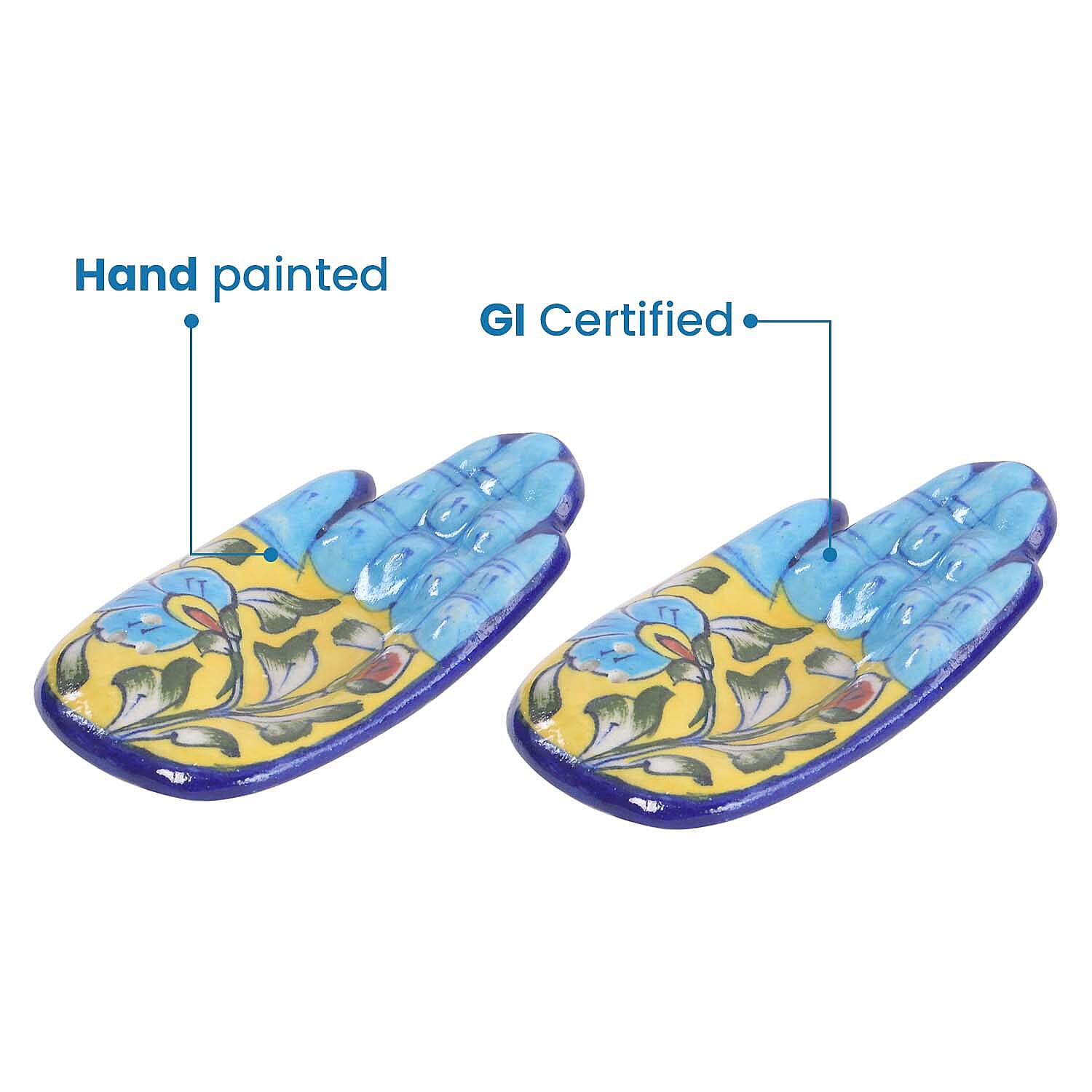 Jaipur Blue - Set of 2 - Handpainted Ceramic Incense Holder - Blue - Yellow