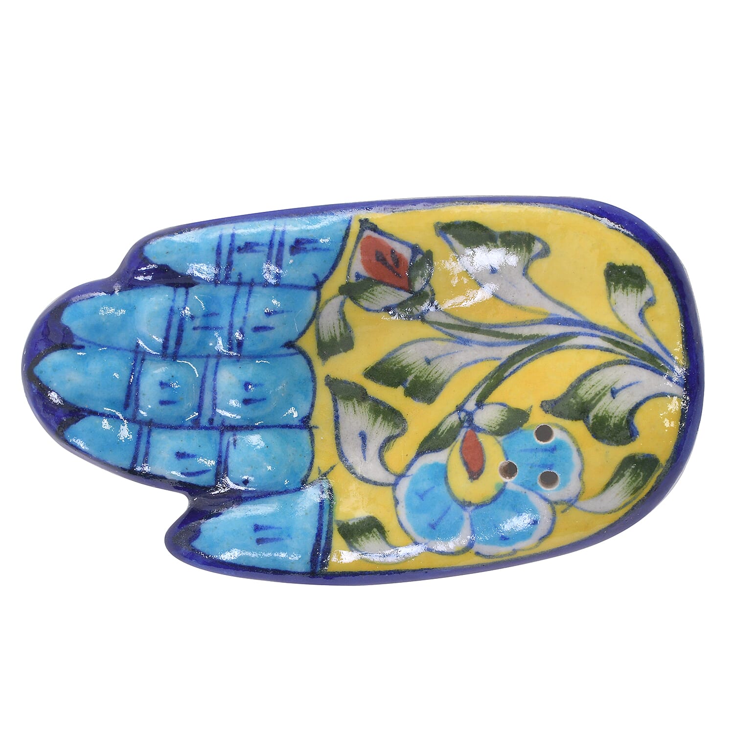 Jaipur Blue - Set of 2 - Handpainted Ceramic Incense Holder - Blue - Yellow