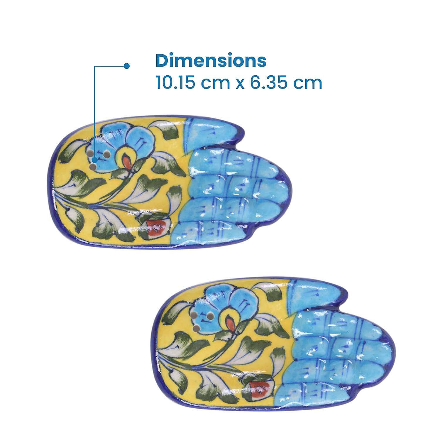 Jaipur Blue - Set of 2 - Handpainted Ceramic Incense Holder - Blue - Yellow