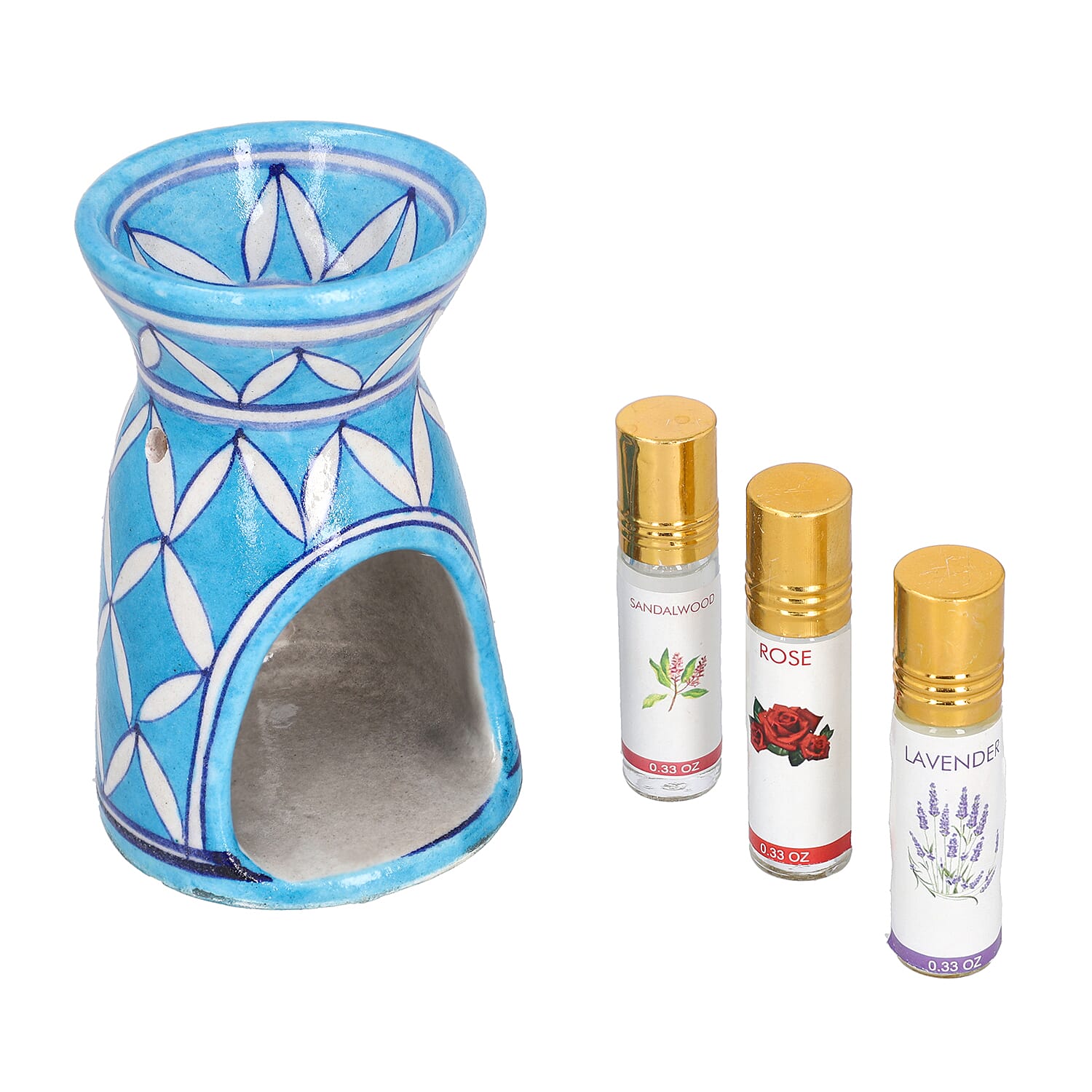 Jaipur Blue - Hand Painted Ceramic Burner with 3 Diffuser Oil (Rose, Sandal Wood & Lavender) - Light Blue