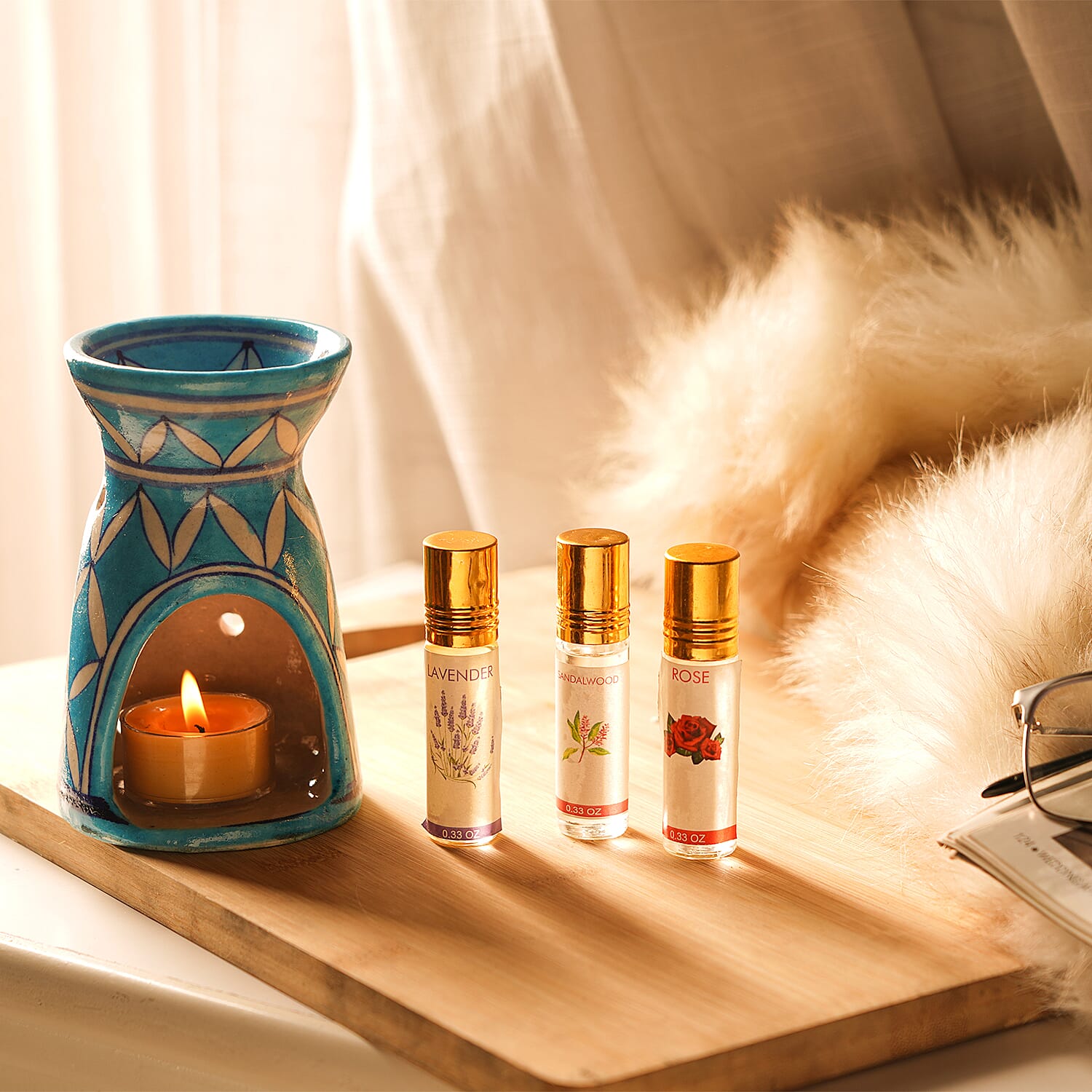 Jaipur Blue - Hand Painted Ceramic Burner with 3 Diffuser Oil (Rose, Sandal Wood & Lavender) - Light Blue