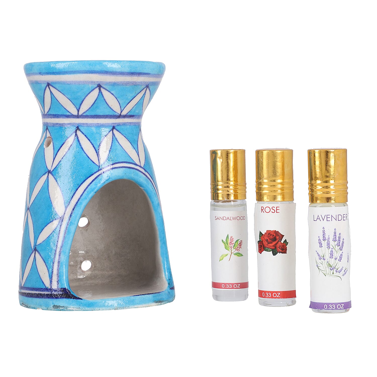 Jaipur Blue - Hand Painted Ceramic Burner with 3 Diffuser Oil (Rose, Sandal Wood & Lavender) - Light Blue