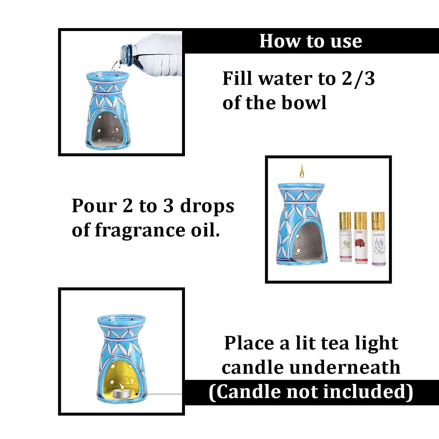 Jaipur Blue - Hand Painted Ceramic Burner with 3 Diffuser Oil (Rose, Sandal Wood & Lavender) - Light Blue