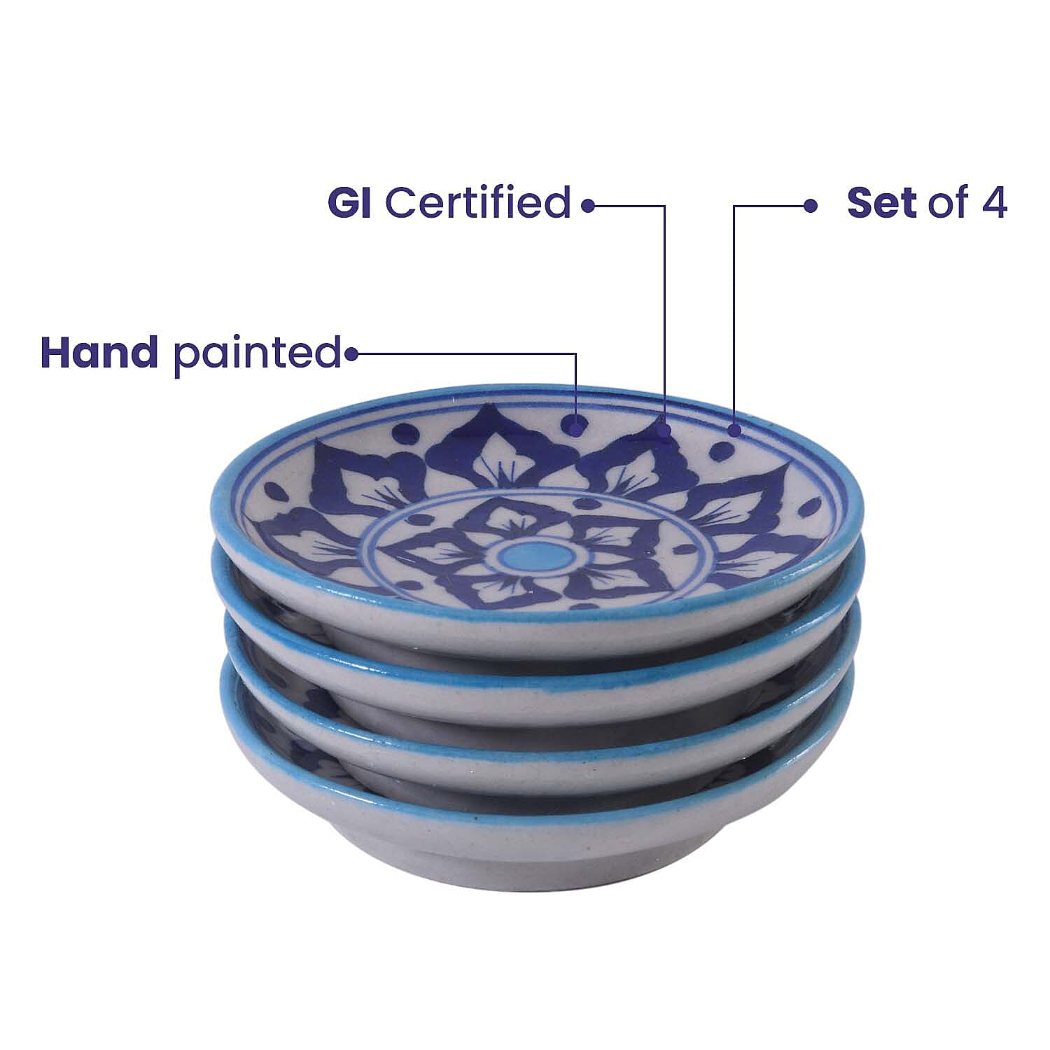 Jaipur Blue - Set of 4 Hand Painted Ceramic Plates (Size 15 Cm) - Blue - White