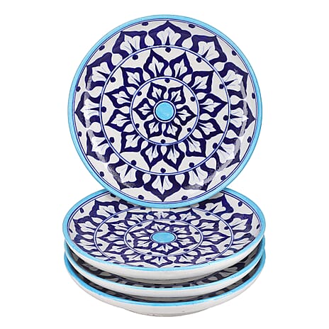 Jaipur Blue - Set of 4 Hand Painted Ceramic Plates (Size 25 Cm) - Blue & White