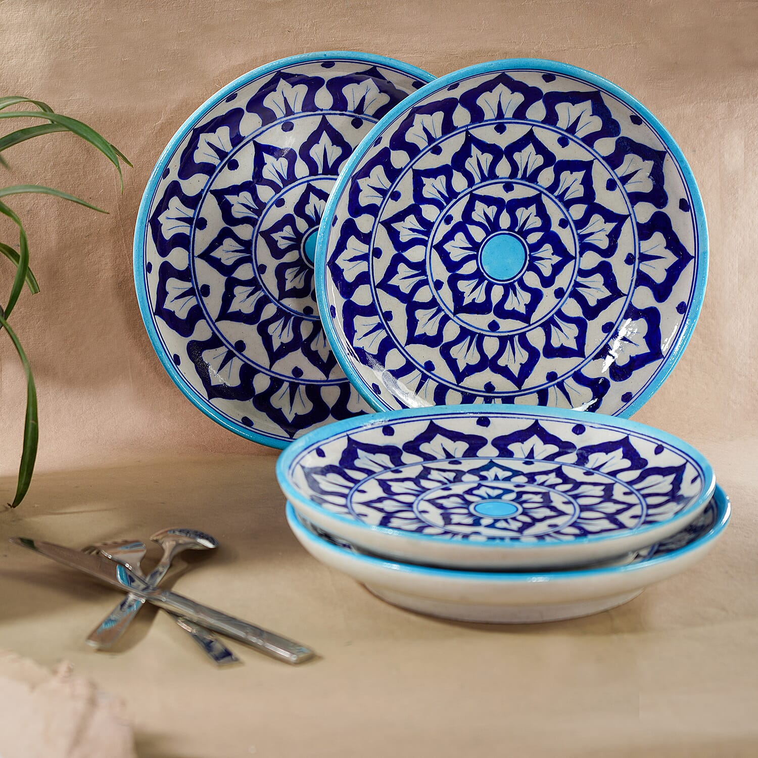Jaipur Blue - Set of 4 Hand Painted Ceramic Plates (Size 25 Cm) - Blue & White