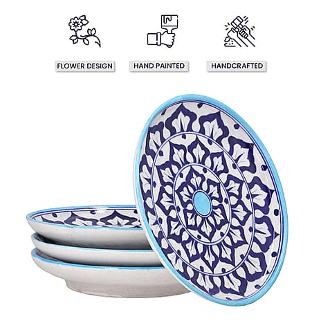 Jaipur Blue - Set of 4 Hand Painted Ceramic Plates (Size 25 Cm) - Blue & White