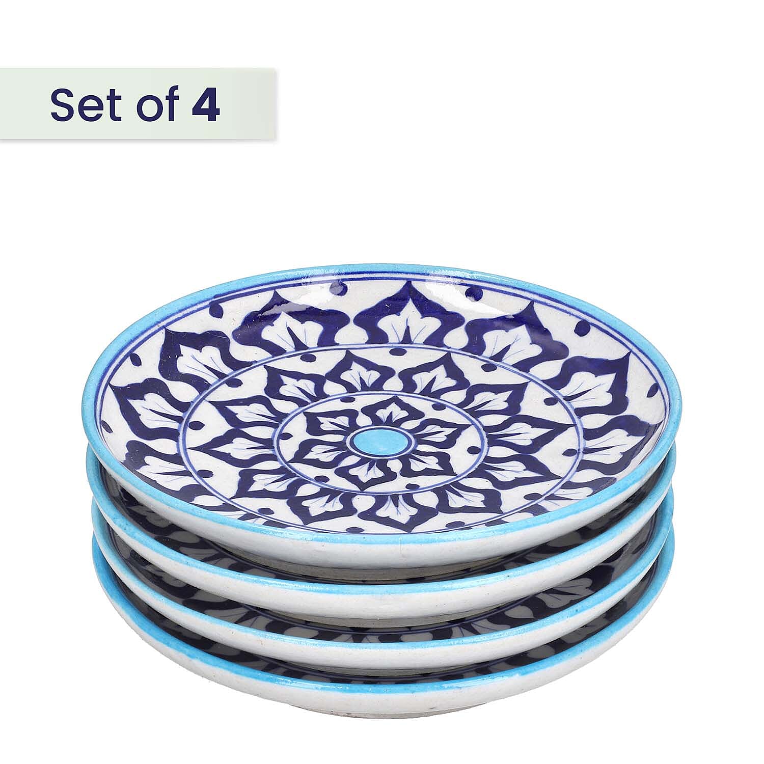 Jaipur Blue - Set of 4 Hand Painted Ceramic Plates (Size 25 Cm) - Blue & White