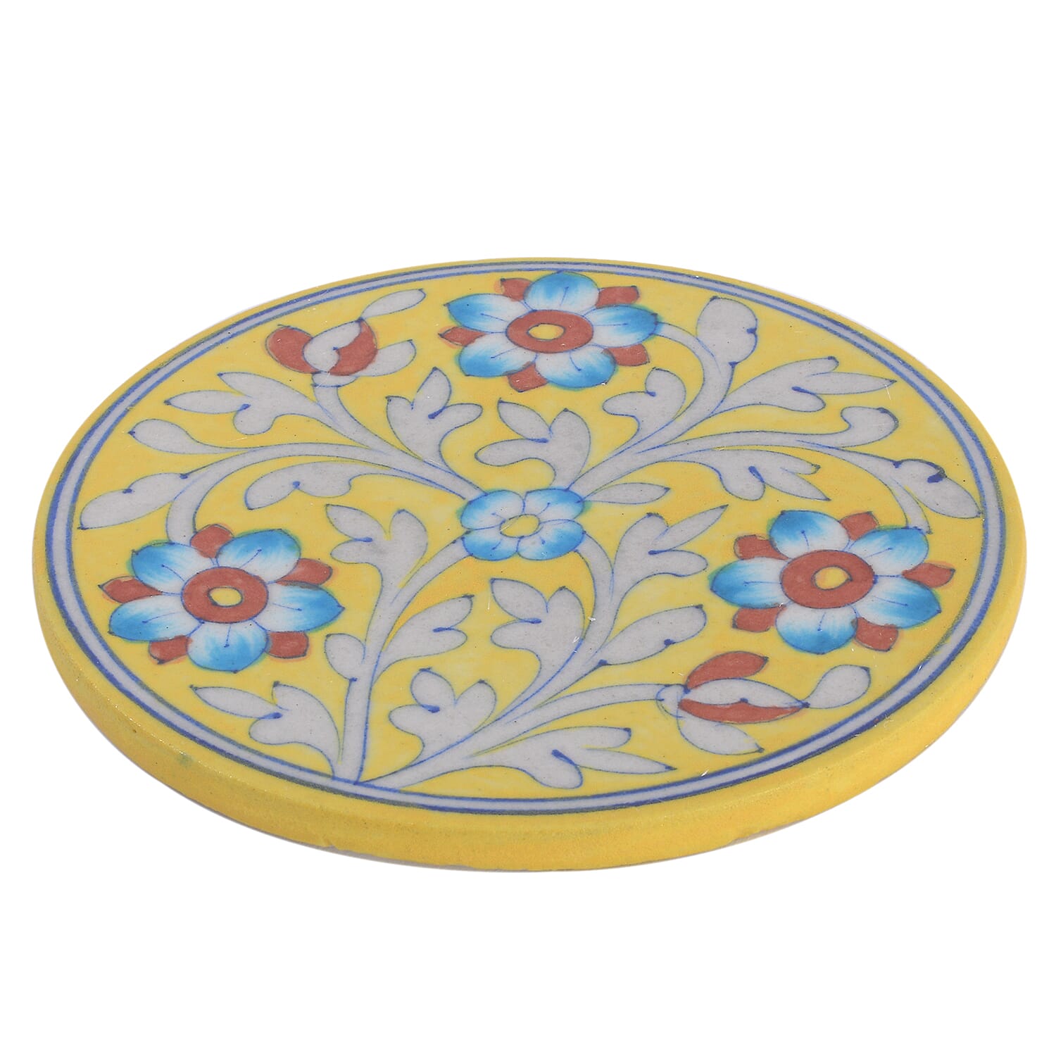 Jaipur Blue - Hand Painted Ceramic Trivet (Size 15 Cm) - Yellow & Multi