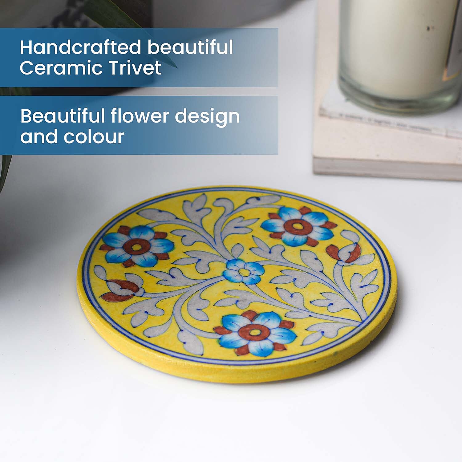 Jaipur Blue - Hand Painted Ceramic Trivet (Size 15 Cm) - Yellow & Multi