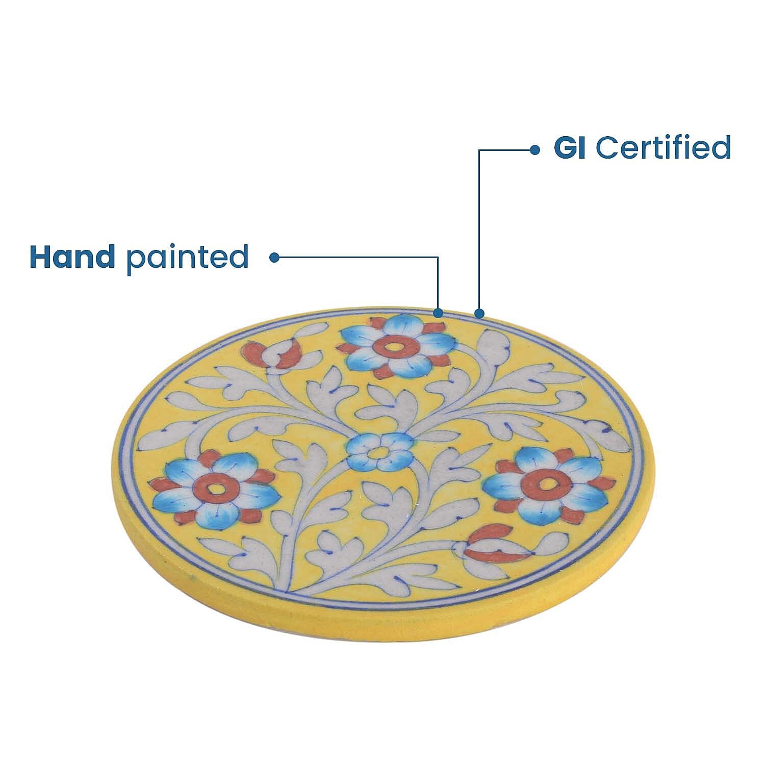Jaipur Blue - Hand Painted Ceramic Trivet (Size 15 Cm) - Yellow & Multi