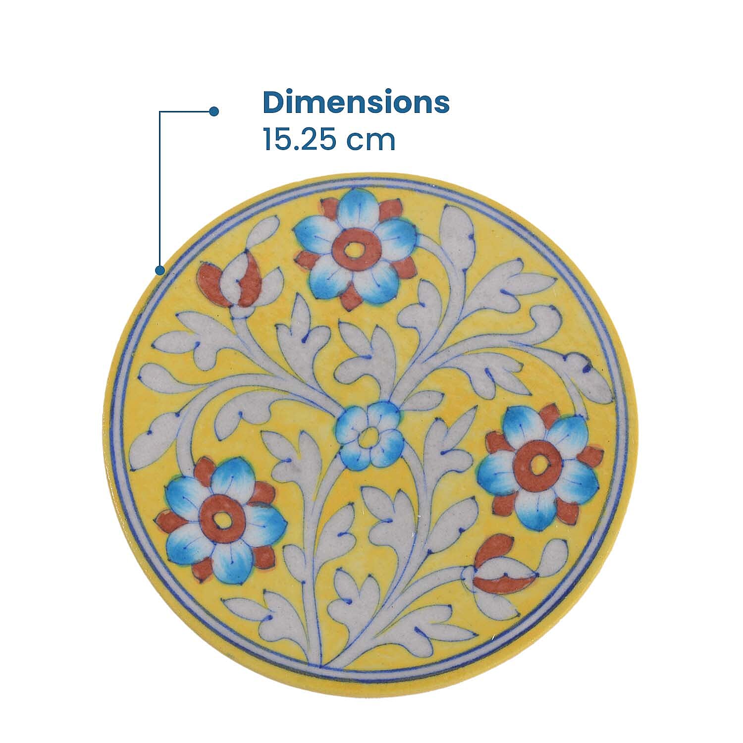 Jaipur Blue - Hand Painted Ceramic Trivet (Size 15 Cm) - Yellow & Multi