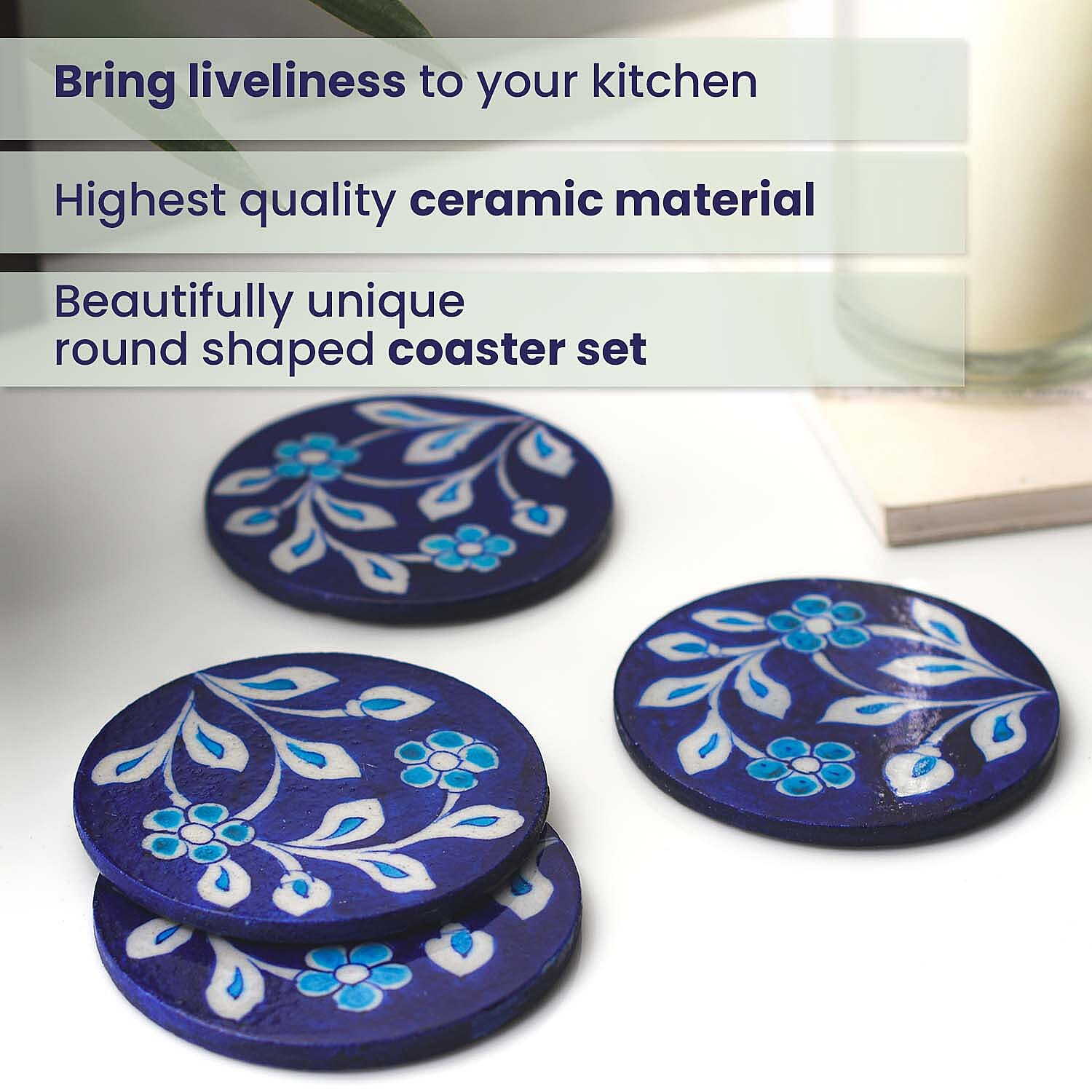 Set of 4 Handprinted Ceramic Coasters - Blue