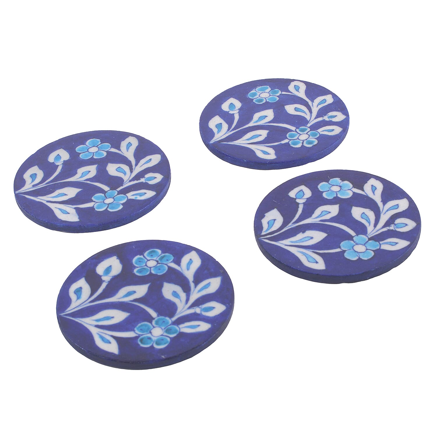 Set of 4 Handprinted Ceramic Coasters - Blue
