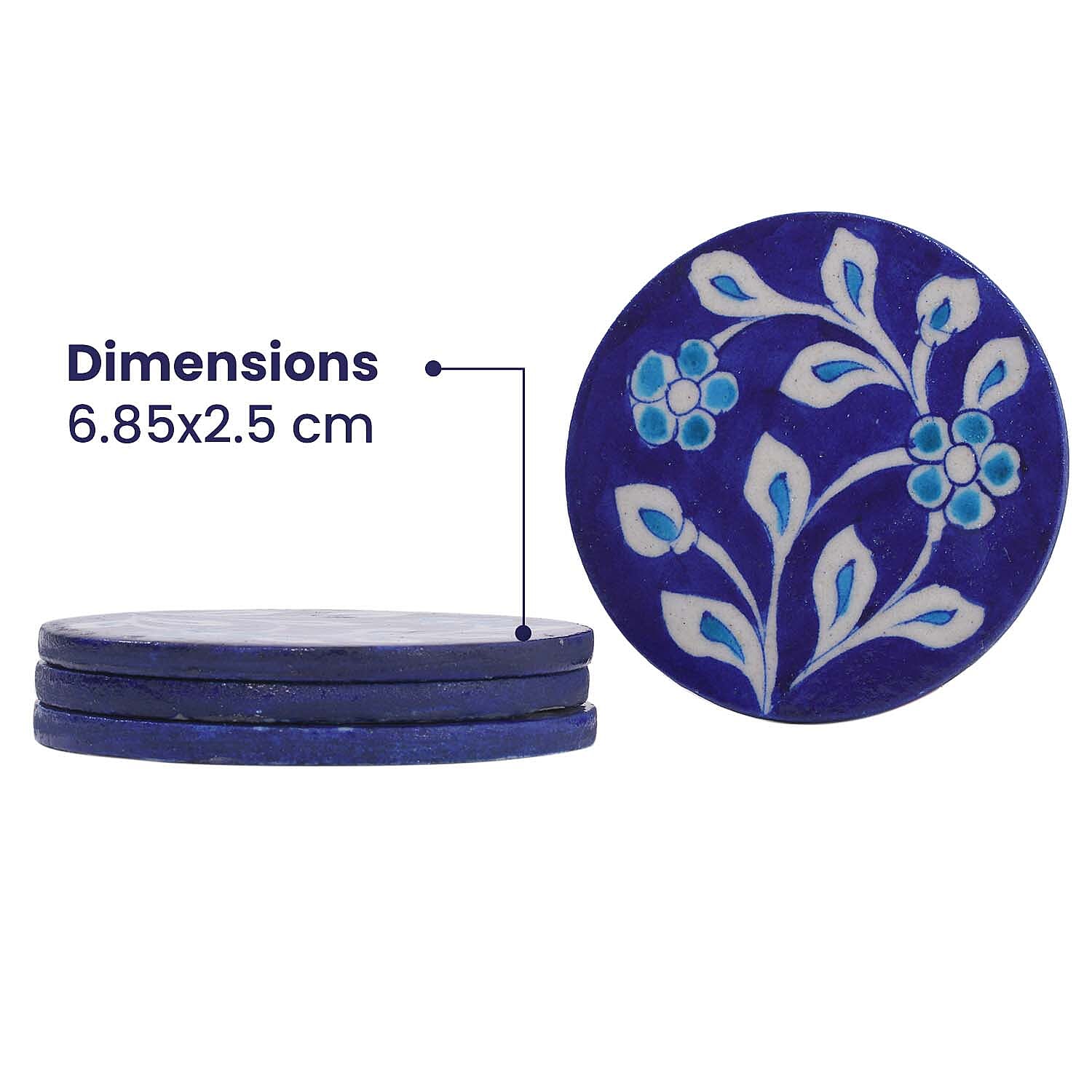 Set of 4 Handprinted Ceramic Coasters - Blue