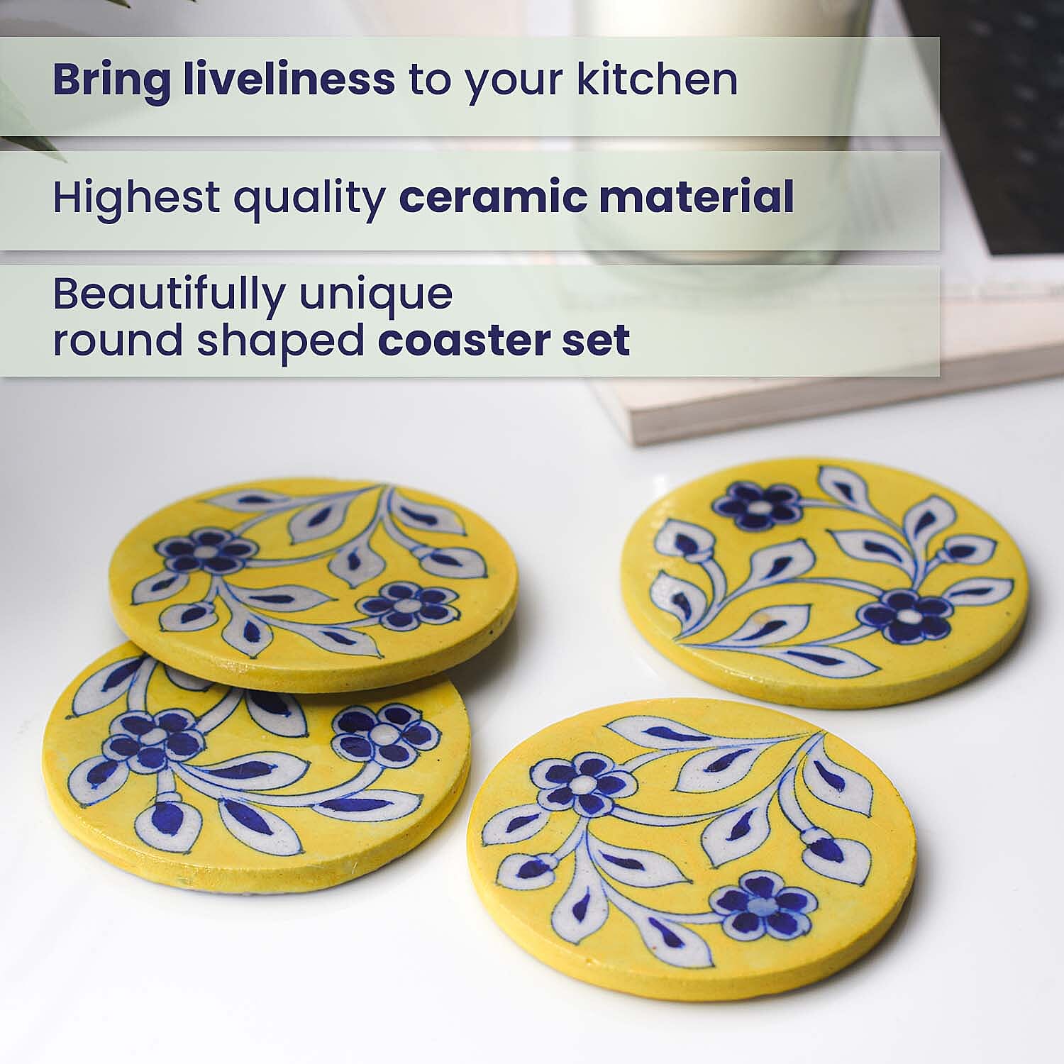 Set of 4 Handprinted Ceramic Coasters (D-10Cm) - Yellow