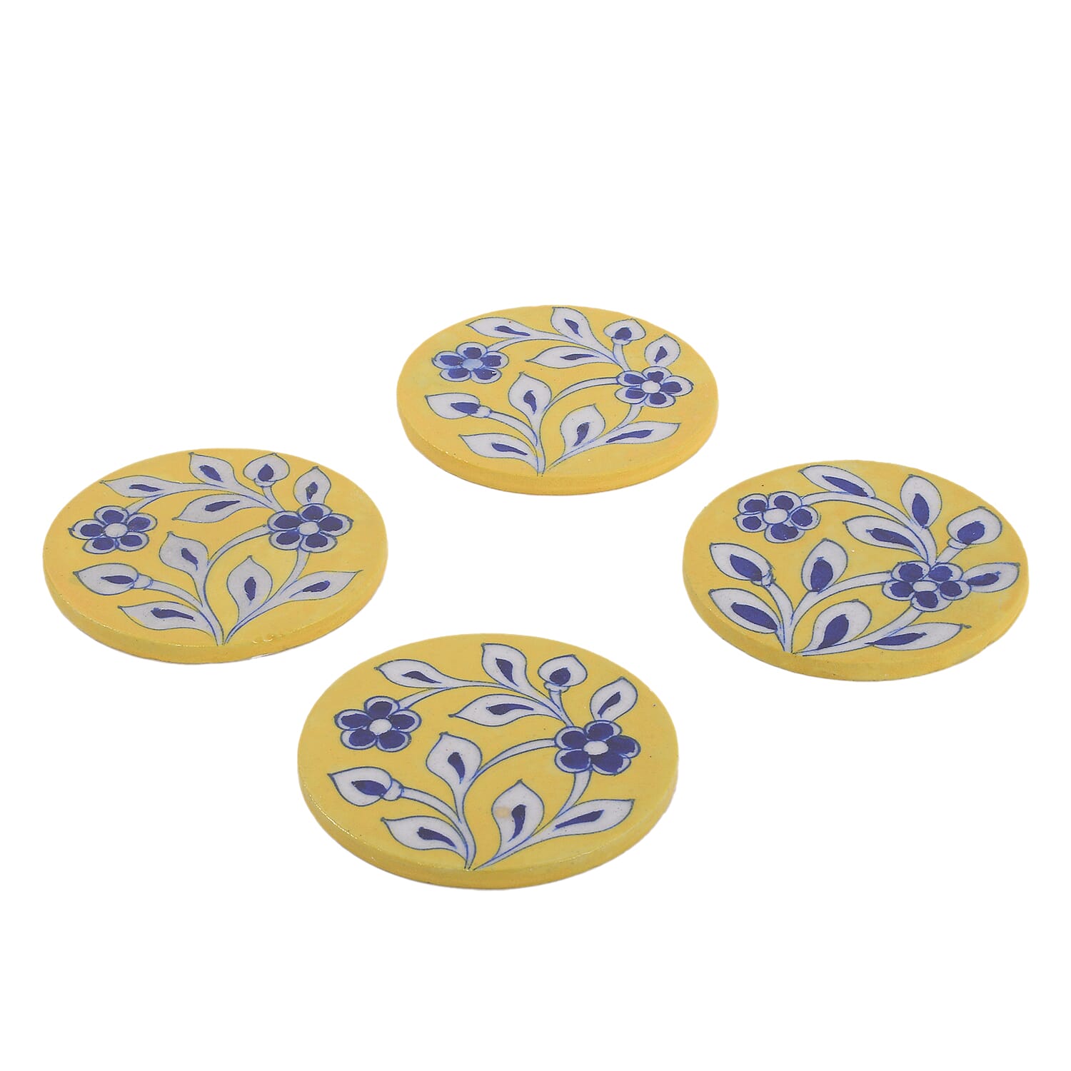 Set of 4 Handprinted Ceramic Coasters (D-10Cm) - Yellow
