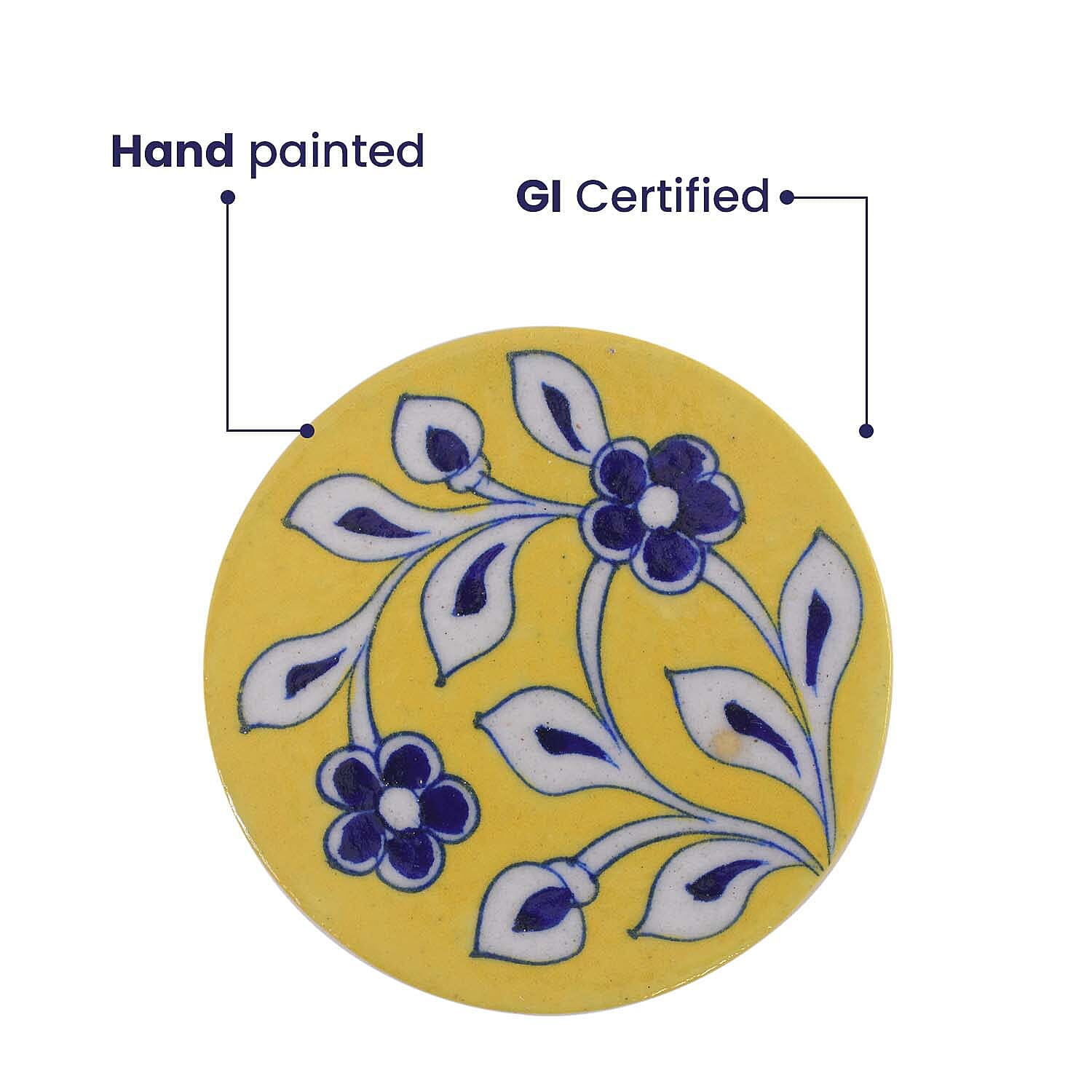 Set of 4 Handprinted Ceramic Coasters (D-10Cm) - Yellow