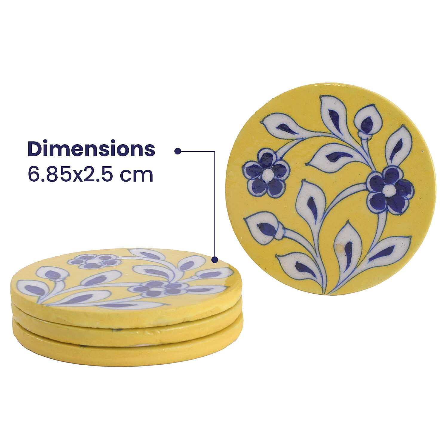 Set of 4 Handprinted Ceramic Coasters (D-10Cm) - Yellow