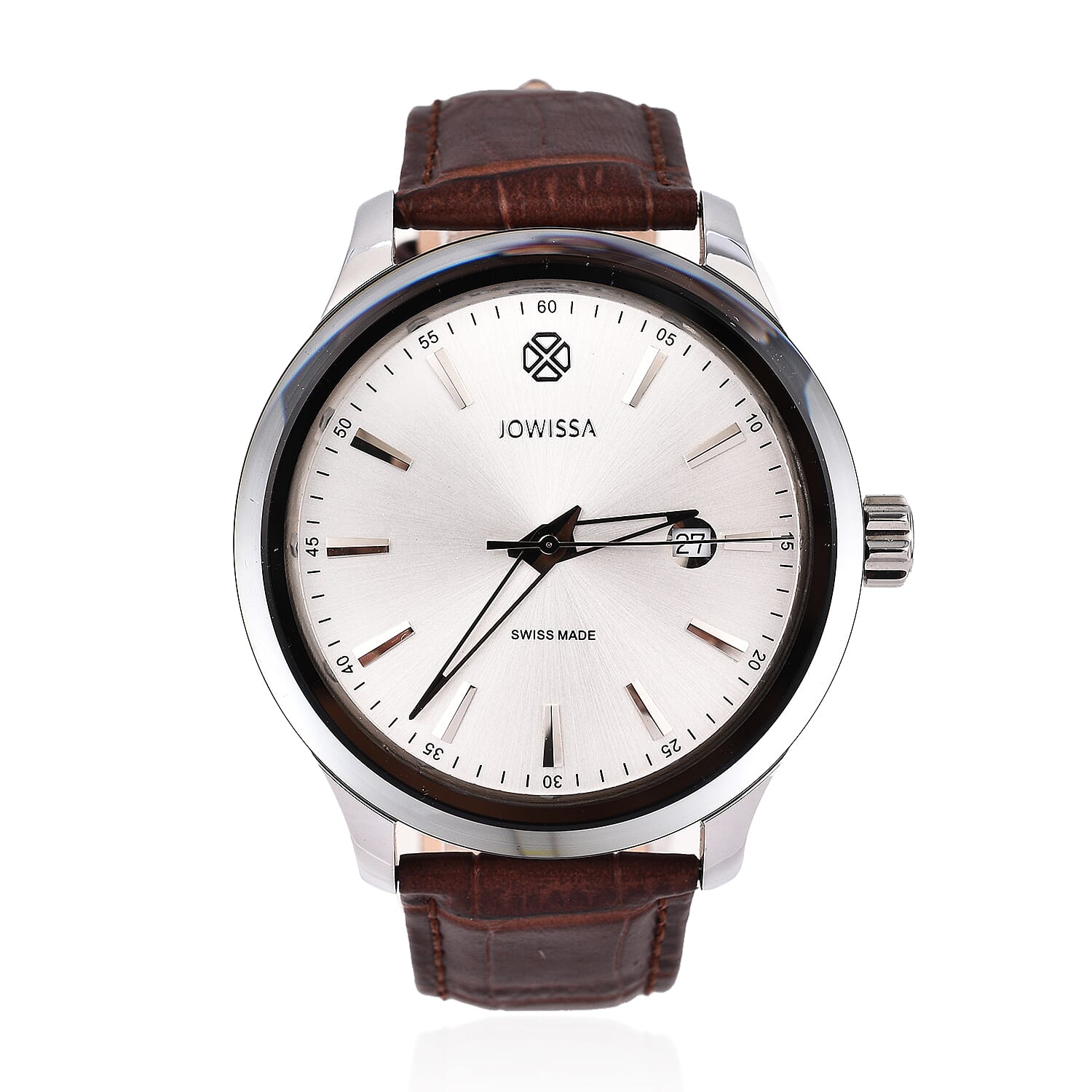 JOWISSA Tiro Swiss Mens 5 ATM Water Resistant Watch with Alligator Print Genuine Leather Strap - Silver & Brown