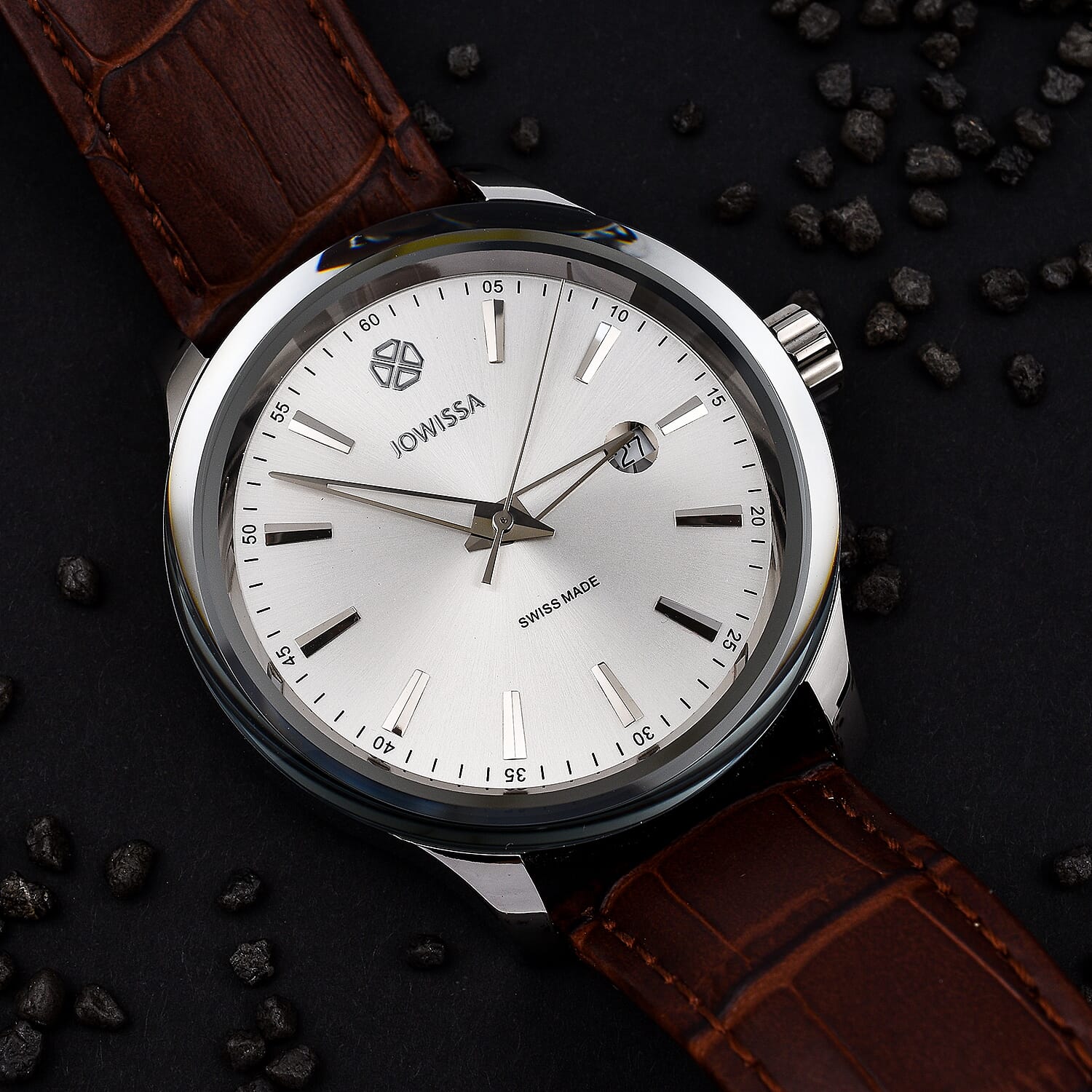 JOWISSA Tiro Swiss Mens 5 ATM Water Resistant Watch with Alligator Print Genuine Leather Strap - Silver & Brown