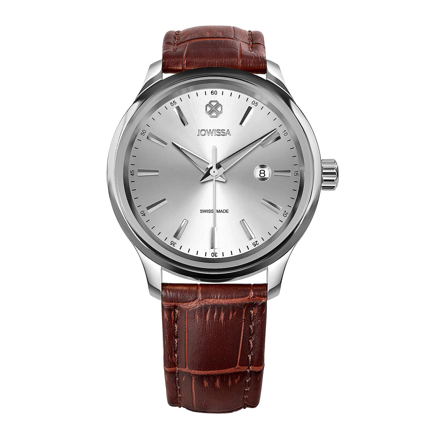 JOWISSA Tiro Swiss Mens 5 ATM Water Resistant Watch with Alligator Print Genuine Leather Strap - Silver & Brown