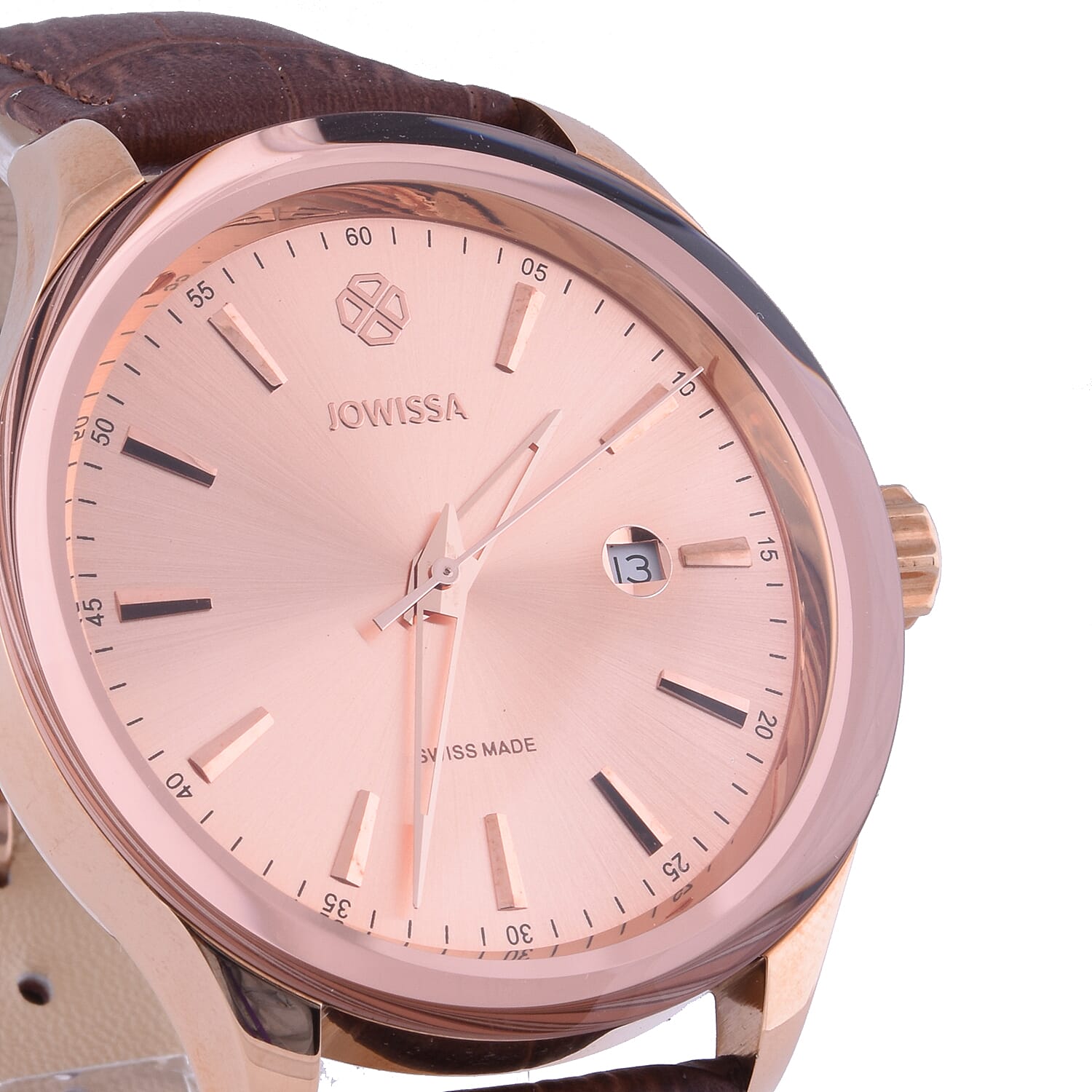 JOWISSA Tiro Swiss Mens 5 ATM Water Resistant Watch with Alligator Print Genuine Leather Strap - Rose Gold & Brown