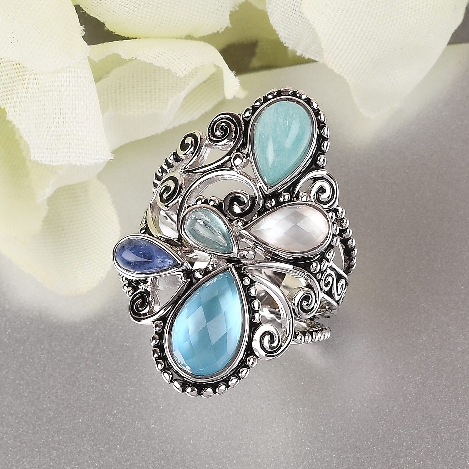 Sajen Silver ILLUMINATION COLLECTION - Quartz Doublet Celestial Mop Scuba,Multi Gemstones Ring in Rhodium Overlay Sterling Silver 3.55 Ct,  Silver Wt. 7.23 Gms